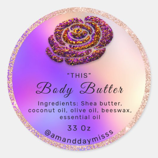 Logo Body Oil Balm Cosmetics Roos Paars Glitter Ronde Sticker (Voorkant)