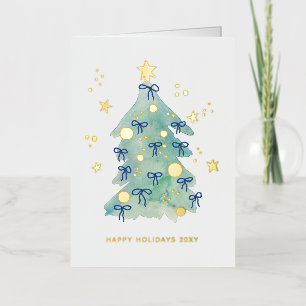 Logo Eenvoudige Kerstboom Blauwe Lint Zakelijk Folie Feestdagenkaart