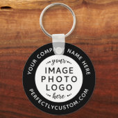 Logo en aangepaste tekst zwart-wit rond sleutelhanger (Voorkant)