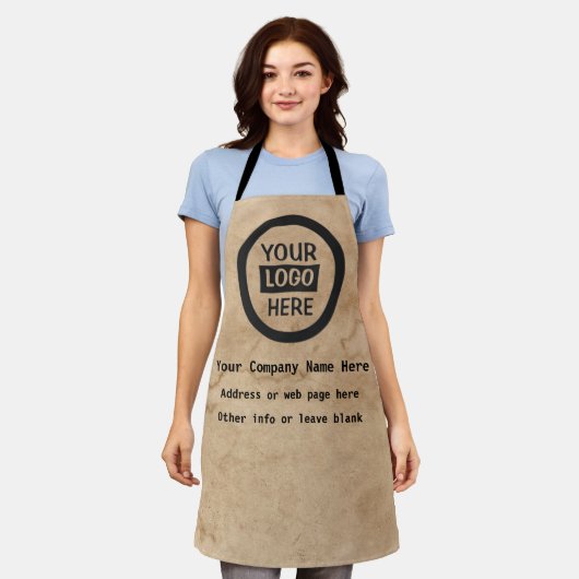 Logo en informatie bedrijf | Bruine achtergrond op Schort (Gedragen)