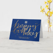 Logo Faux Gold Hand Script Navy Blue Birthday Kaart (Gele Bloem)