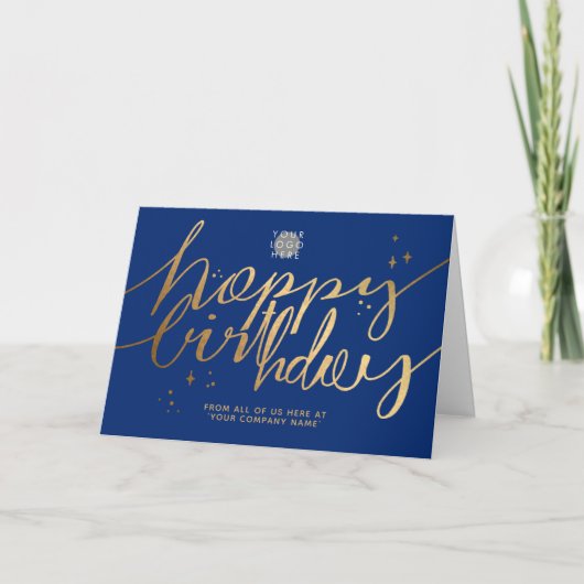Logo Faux Gold Hand Script Navy Blue Birthday Kaart (Voorkant)