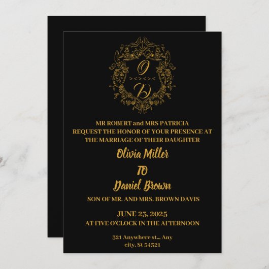 Logo Floral Crest Frame or Faire-part de mariage (Devant / Derrière)