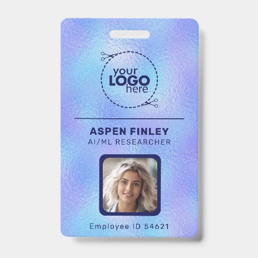 Logo Iridescente Faux Foil Photo QR-Code Nom Badge (Avant)