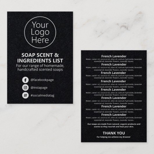 Logo lijst met zwarte soap-aggregaten visitekaartje (Voorkant / Achterkant)