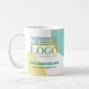Logo met gele turquoise cirkels, tagline en websit koffiemok