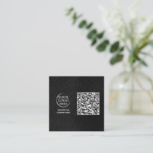 Logo moderne en cuir noir QR Code Carte de visite (Debout devant)