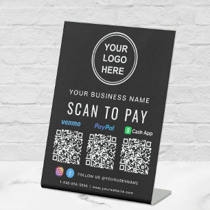 Logo Paypal Venmo CashApp QR Codes Black Reclamebord Met Voetstuk
