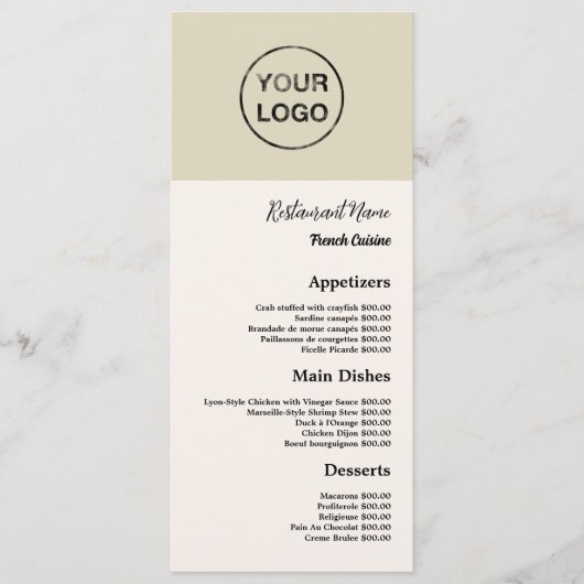 Logo personnel, Menu mince pour restaurant (Devant)