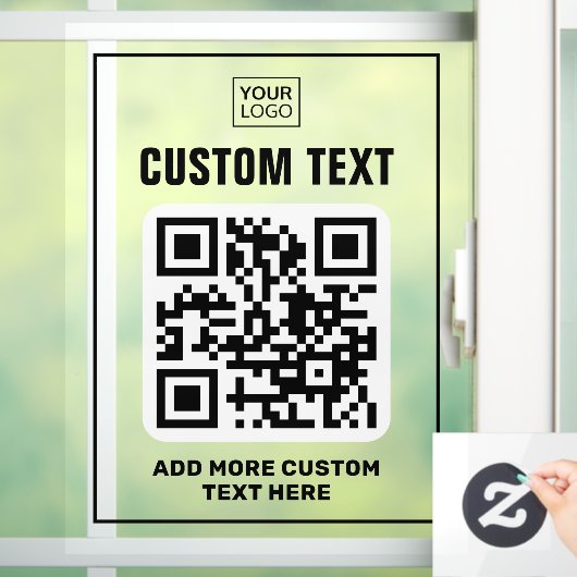 Logo, QR-code en aangepaste tekst zwart en helder Raamsticker (Huis)