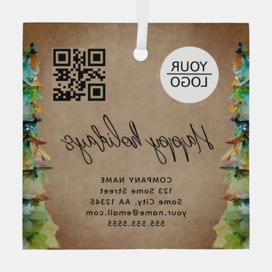 Logo QR-code kerstboomstructuur Waterverf bedrijf  Glas Ornament (Achterkant)