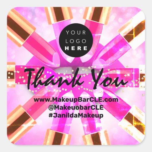 Logo QR Code Name Thank Shopping Pink Golden Lips Vierkante Sticker (Voorkant)