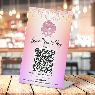 Logo QR Code Roze Glitter Betaal hier Rainbow Ombr Reclamebord Met Voetstuk