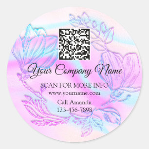 Logo QR Code Roze holografische Floral Wreater Ronde Sticker