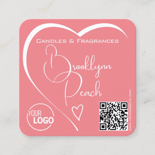 Logo QR Code Sjabloon Kalligrafie Roze Blush Hart Vierkante Visitekaartje (Voorkant)