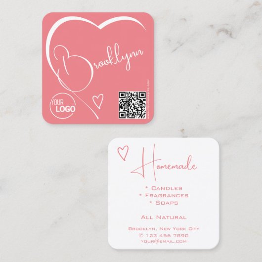 Logo QR Code Sjabloon Kalligrafie Roze Blush Hart Vierkante Visitekaartje (Voorkant / Achterkant)