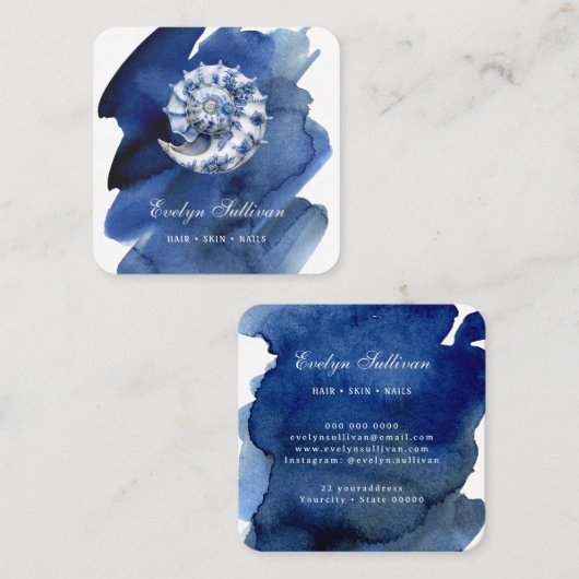 Logo Seashell sur carte de visite bleu aquarelle (Devant / Derrière)