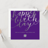 Logo Silver Script Lettering Chic Paars Birthday Kaart (Voorkant / Achterkant in situ)