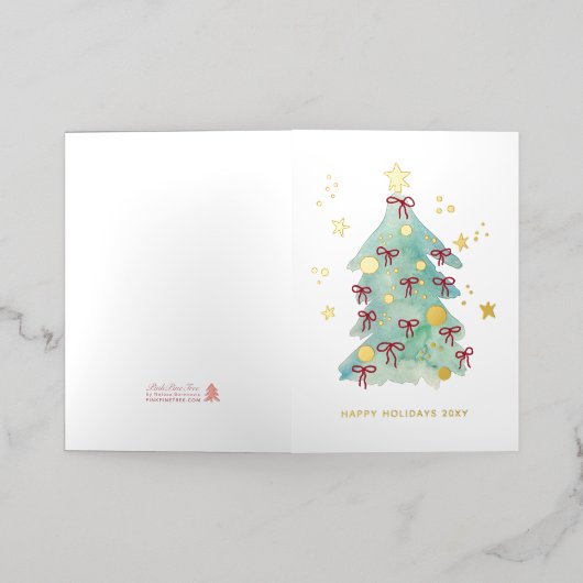 Logo Simple Christmas Tree Red Ribbons Business Folie Feestdagenkaart (Buiten Laag)