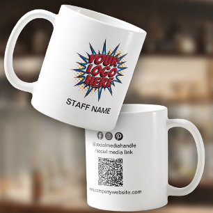 Logo-upload, personeelsnaam, QR-code, bedrijfsmerk Koffiemok
