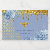 logo van bijen en blauwe hydrangea likeurfles etiket (Enkel label)