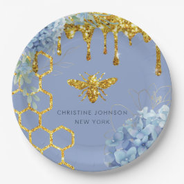 logo van bijen en blauwe hydrangea papieren bordje