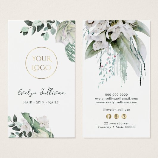 logo vert émeraude fleurs blanches carte de visite (Devant & derrière)