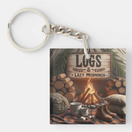 Logs & Lazy Mornings Keychain – Camping Adventure (Voorkant)