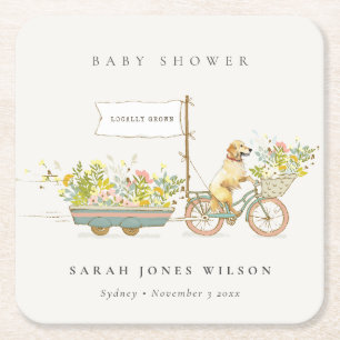 Lokaal geteeld Golden Retriever Floral Baby shower Vierkante Kartonnen Onderzetter