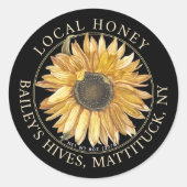 Lokaal honingetiket met  zonnebloem op zwart ronde sticker (Voorkant)