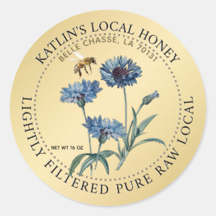 Lokaal honinglabel Blauw Aster Bloem Honingbij Gou Ronde Sticker