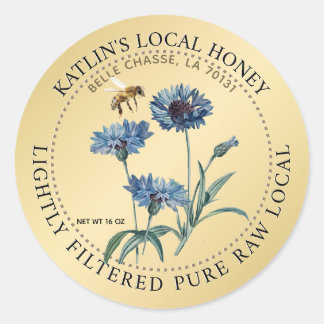 Lokaal honinglabel Blauw Aster Bloem Honingbij Gou Ronde Sticker