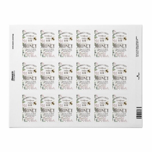 Lokale Honing Hex Jar Meadow Flowers & Bee Etiket (Full Sheet)