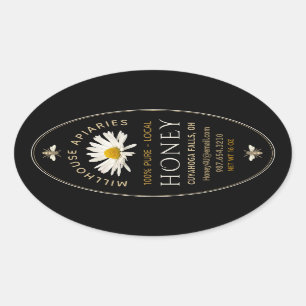 Lokale honing met Daisy en bijen zwart Ovale Sticker
