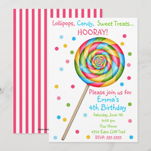 Lollipop Birthday - uitnodigingen op de favoriete  (Voorkant / Achterkant)