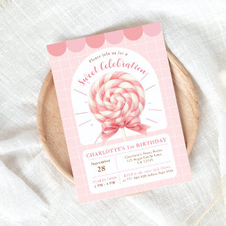 Lollipop Sweet Shop rose Anniversaire Invitation