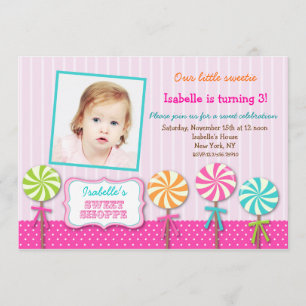 Lollipops Sweet Shoppe Photo Birthday Invitations Kaart