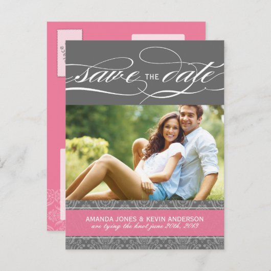 Lolly Pink and Grey Damask Bewaar de datum Aankondigingskaart (Voorkant / Achterkant)