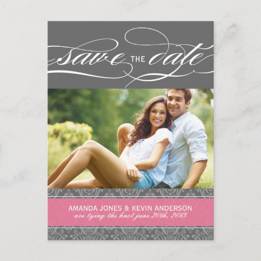 Lolly Pink and Grey Damask Bewaar de datum Aankondigingskaart (Voorkant)