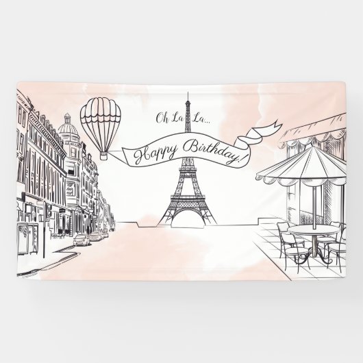 Lona Oh La La Paris backdrop Happy Birthday banner (Horizontaal)