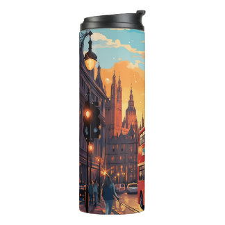Londen Big Ben Rode Bus Zonsondergang Aquarel Thermosbeker