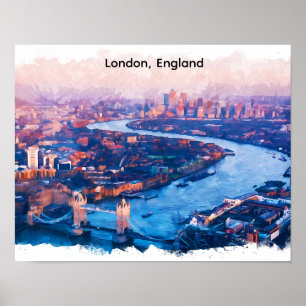 Londen Engeland Aquarel Luchtfoto Stadsgezicht Poster