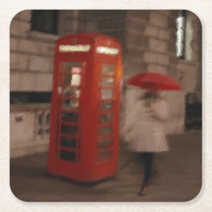 Londen - Rainy Day Phone Box - Umbrella Onderzette Vierkante Kartonnen Onderzetter