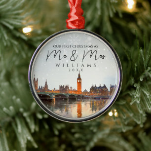 Londen Silhouet Eerste Kerstmis Als Meneer & Mevro Metalen Ornament