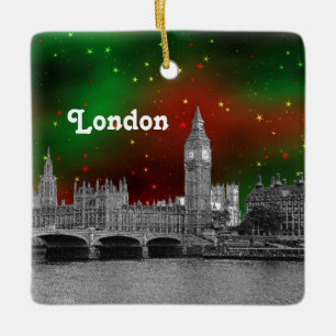 Londen Silhouet Gegraveerd, Groen Rode Sterrenheme Keramisch Ornament