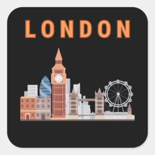Londen Silhouette Vierkante Sticker in Zwart