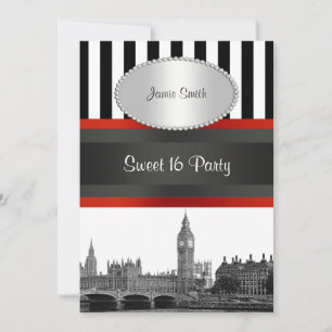 Londen Skyline BW BLK WHT STRP Rood Zoet 16 Party Kaart