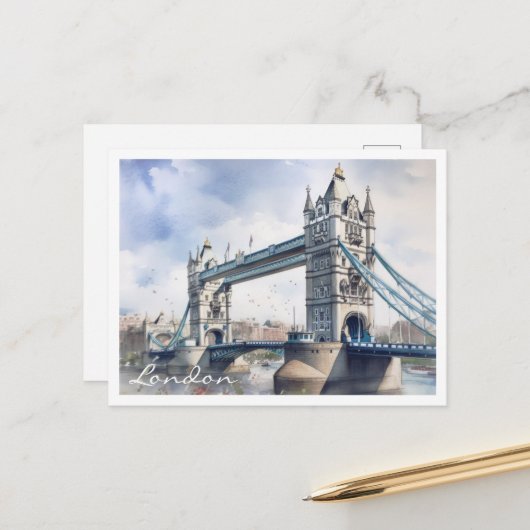 Londen Tower Bridge Reizen Waterverf Briefkaart (Voorkant / Achterkant in situ)