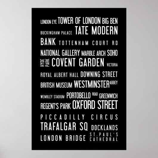 Londen - typografisch poster, zwart-wit poster (Voorkant)