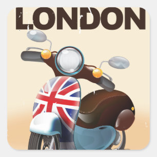 Londen vintage scooter union jack reisposter. vierkante sticker